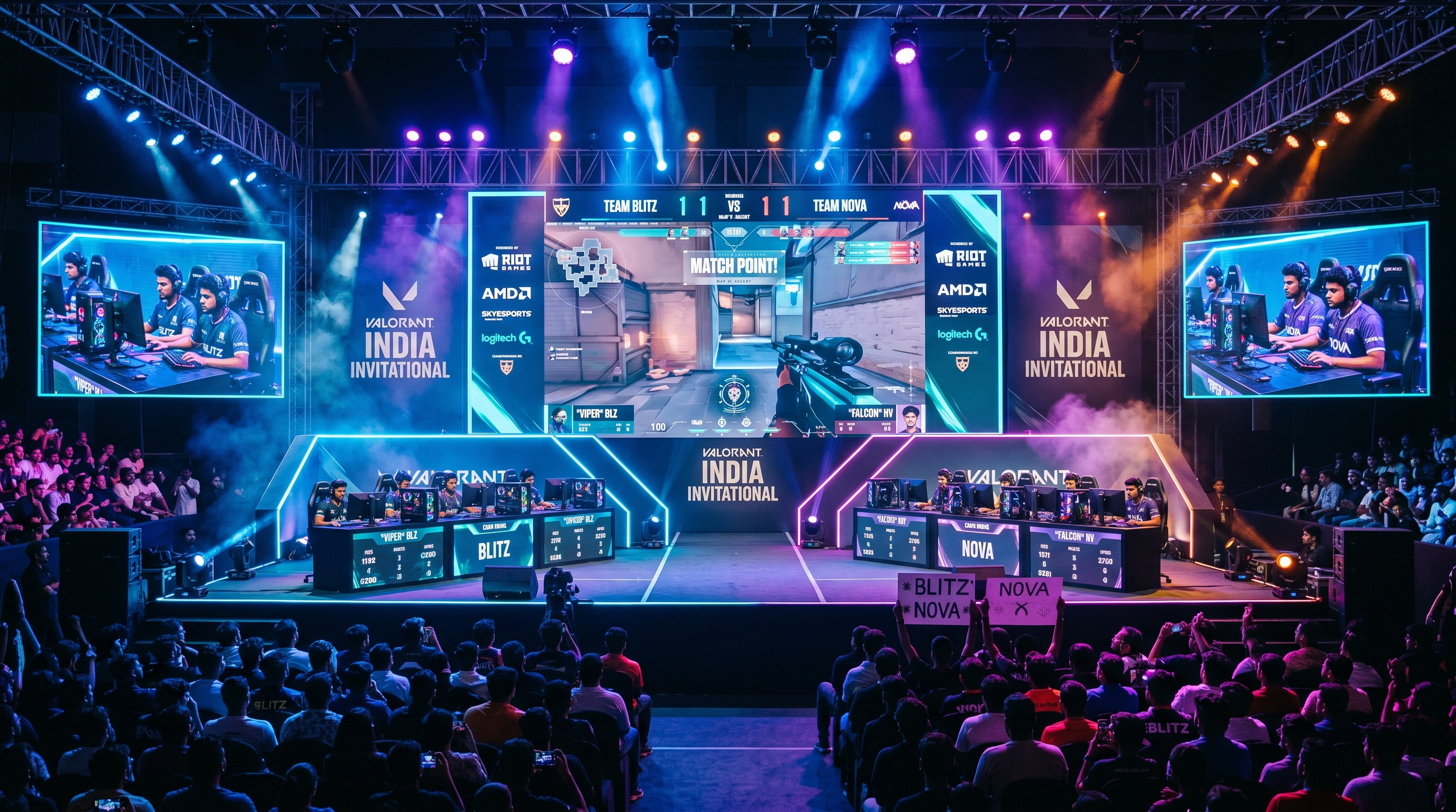 Esports tournament arena with large screens and competitive gaming setup