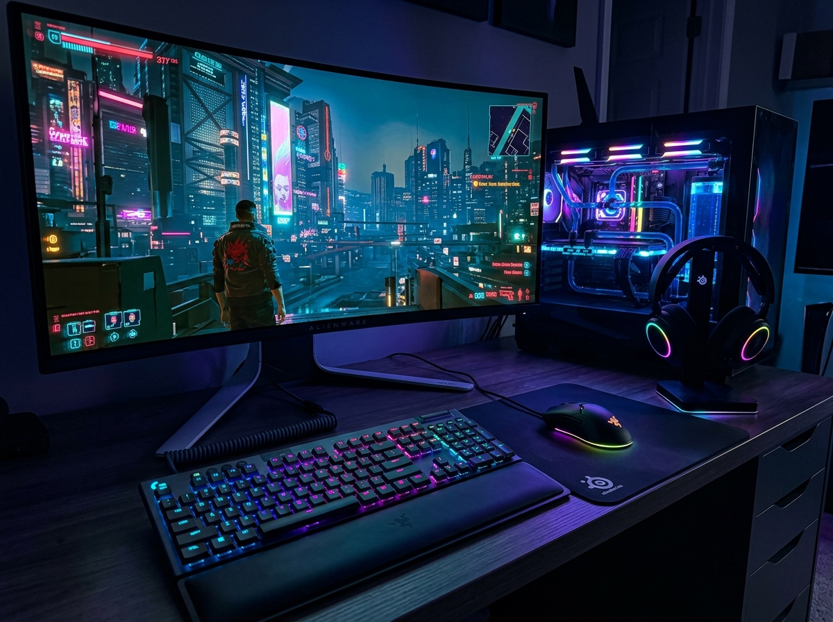 High-end gaming PC setup with RGB lighting and curved monitor