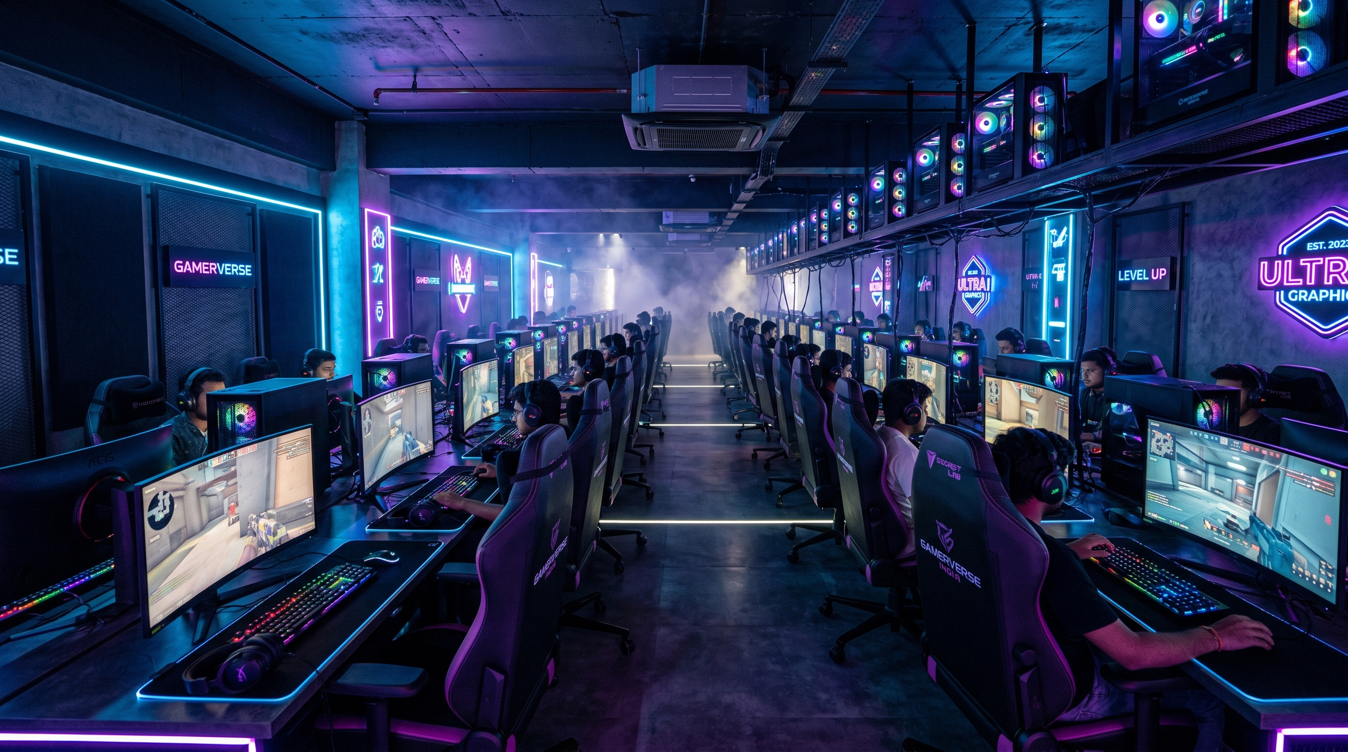 Main gaming hall at Nexus Gaming Club with rows of glowing rigs
