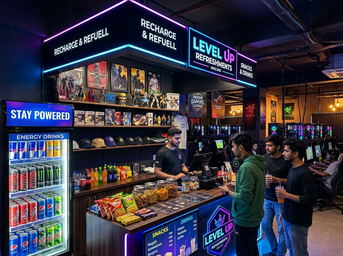 Gaming club snack and refreshment bar with energy drinks and food